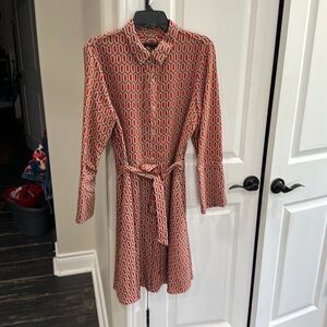 Banana Republic Coral and Black Geometric Long-Sleeve Shirt Dress